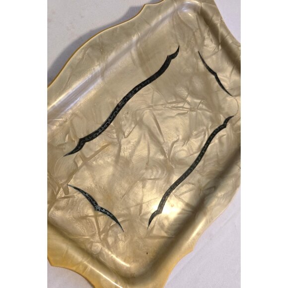 Vintage Decorative Tray Marbled Beige Black Scalloped Edge Vanity Girly Decor - Picture 7 of 7